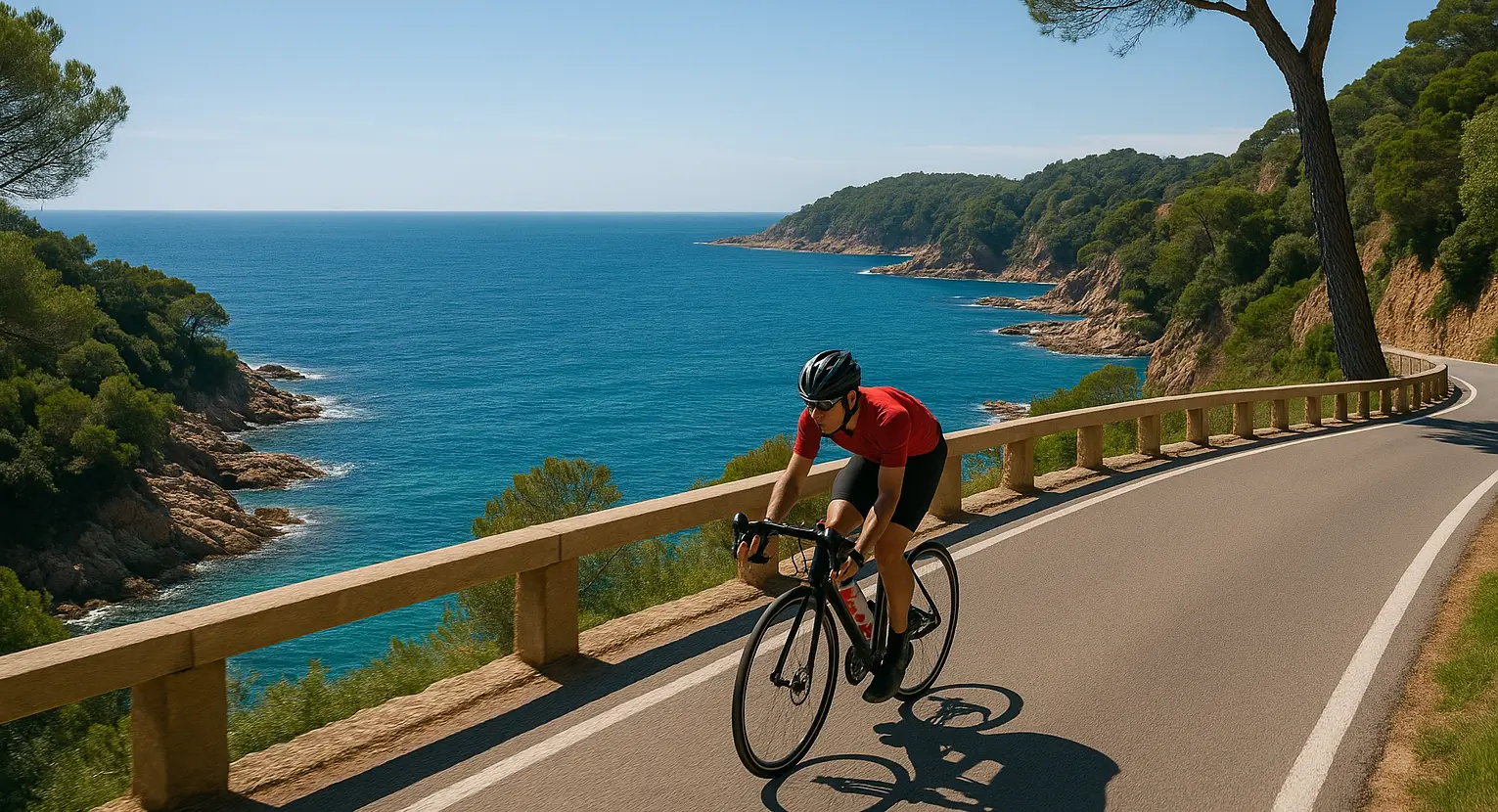 Fahrradfahrer auf Landstraße an der Costa Brava